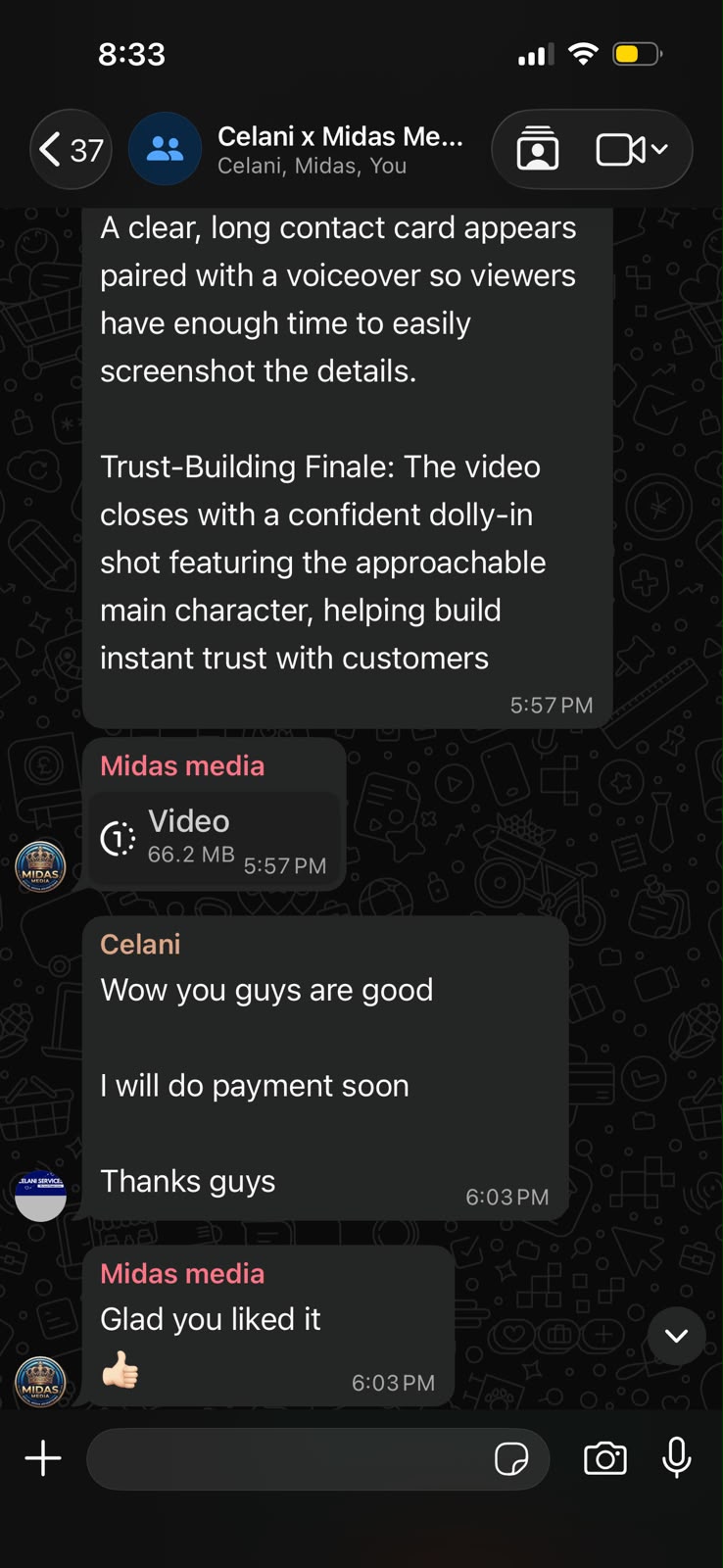 WhatsApp chat with Celani praising MIDAS MEDIA and confirming they will pay soon
