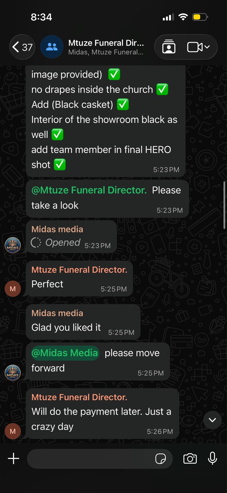 WhatsApp chat with Mtuze Funeral Director approving the video and asking MIDAS MEDIA to move forward
