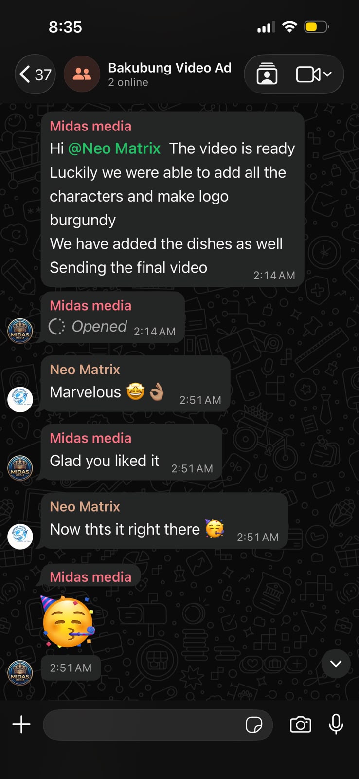 WhatsApp chat with Neo Matrix calling the finished video marvelous