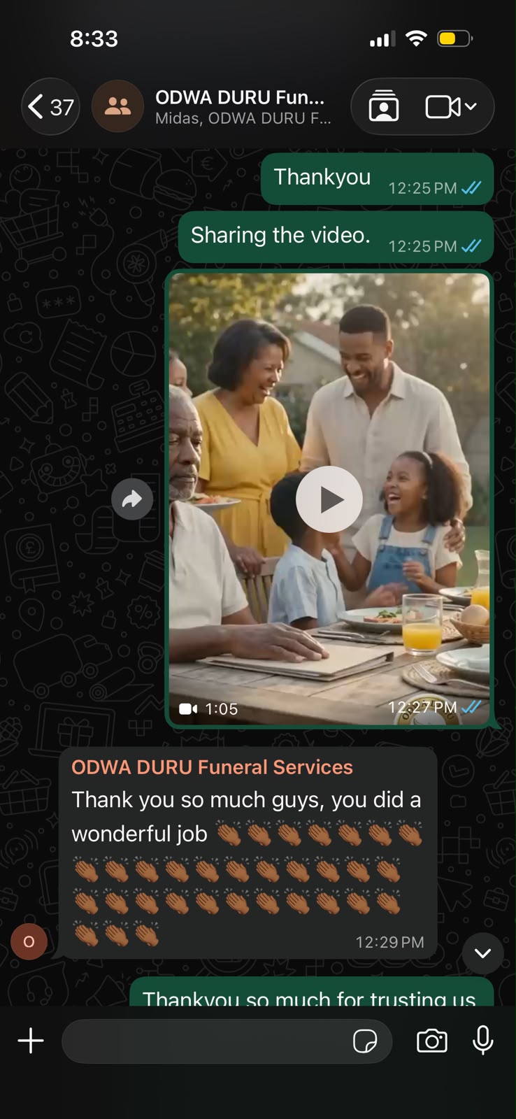 WhatsApp chat with ODWA DURU Funeral Services thanking MIDAS MEDIA for a wonderful job