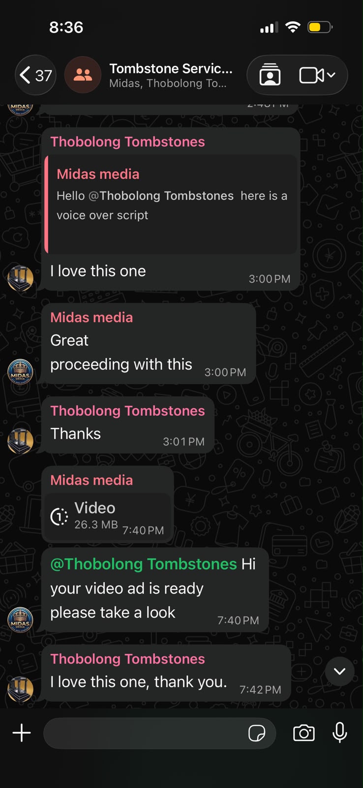 WhatsApp chat with Thobolong Tombstones saying they love the video ad
