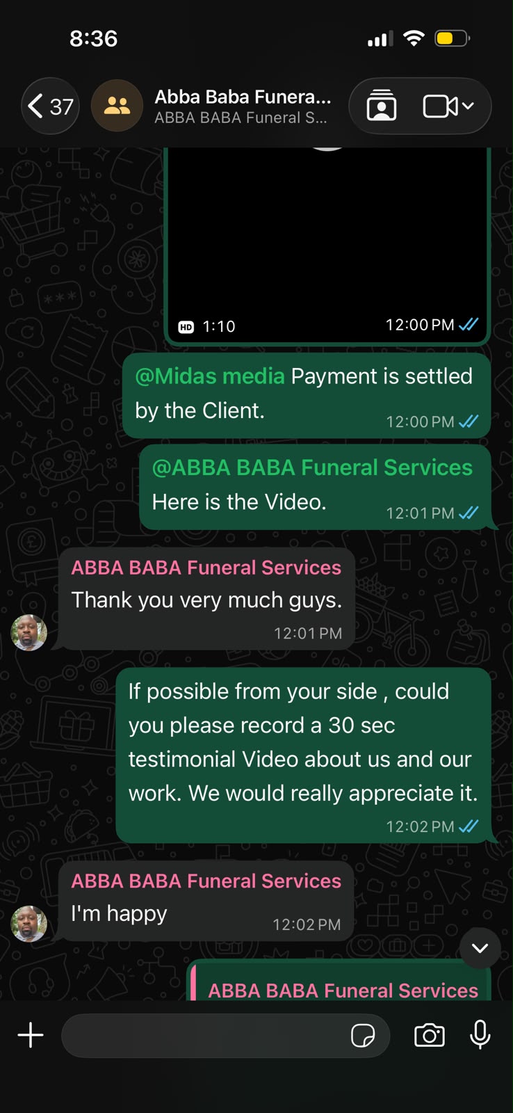 WhatsApp chat with ABBA BABA Funeral Services thanking MIDAS MEDIA and saying they are happy